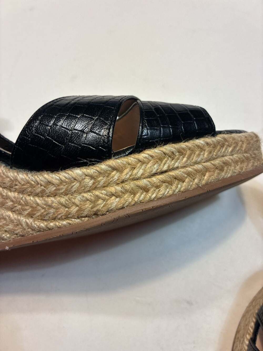 Stuart Weitzman Dayna Black Croc-Embossed Leather Espadrille Wedge Sandals - Picture 6 of 12
